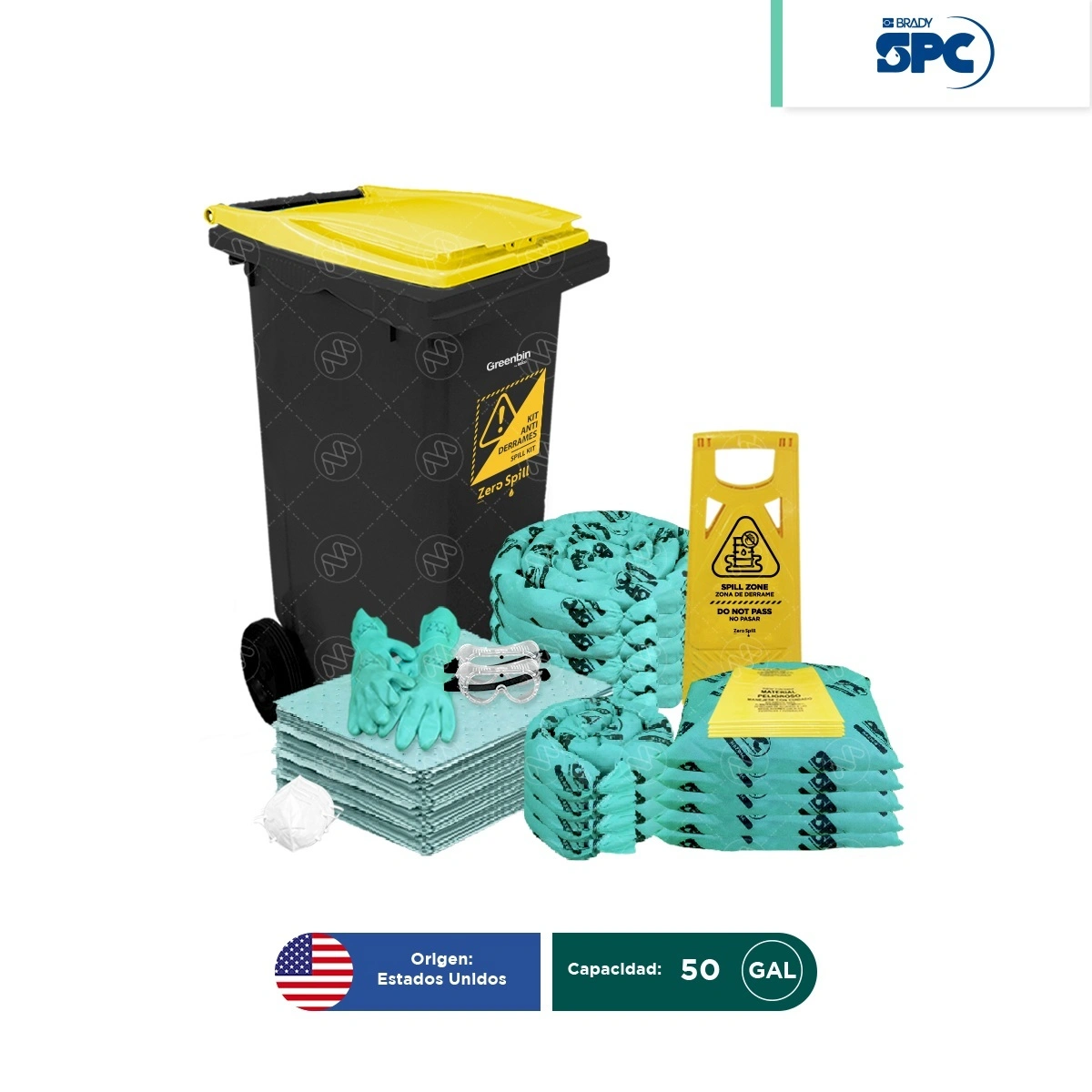 Kit antiderrames móvil para líquidos agresivos o hazmat SPC 50 Gal | absorción 38 Gal